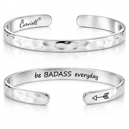 Bracelets for Women – 100+ Meaningful Engraved Messages – Solid 316L Surgical Stainless Steel Cuff Bracelet – Gift Ready - color: BADASS Gift - Be BADASS everyday - SILVER