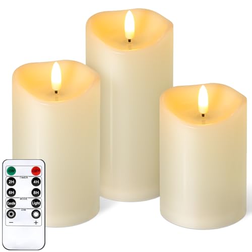NURADA Outdoor Flameless Candles with Remote Timer - Waterproof Realistic Flickering LED Pillar Electric Battery Operated Fake Candle for Holiday Home Wedding Fireplace Decor - 3 Pack Ivory - color: Ivory, size: D3"H4"5"6"