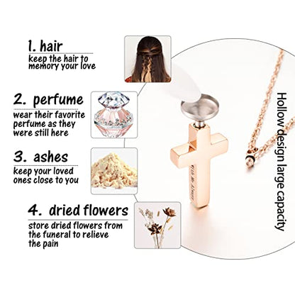 Cremation Cross Necklace for Ashes Stainless Steel Cross Urn Pendant Ashes Holder Memorial Jewelry-With Me Always - style: With me always-Rose Gold