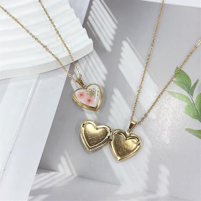 Heart Locket Dried Flower Pendant Necklace Stainless Steel Gold Plated Cute Light Pink Pressed Wildflower Charm Holds Pictures Choker Necklaces Fashion Trendy Jewelry for Her Bff 17.5"