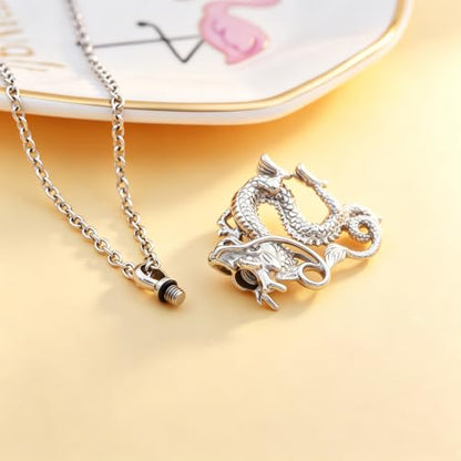 Legendary Chinese Dragon Urn Pendant Necklaces for Ashes Stainless Steel Keepsake Jewelry Cremation Ashes Holder Urn Necklace Memorial Jewelry Urn Pendant Unisex - color: Silver