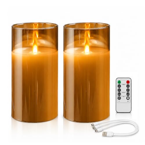 Rechargeable LED Flameless Candles with Remote Timer, Gold, Set of 2 | Glass LED Candle with Real Wax, USB Rechargeable, 2-4-6-8 Hour Timer, and Adjustable Flickering Light - color: Gray