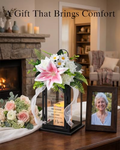 Memorial Lantern with Flower, Sympathy Gift for Loss of Mom, Bereavement Funeral Gift in Memory of Beloved Mother - color: Mom/Black