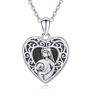 Heart Photo Locket Necklace Sterling Silver for Women | Dragonfly, Butterfly, Turtle, Dog Paw and Mother Daughter Styles, Jewelry Gifts for Mom Christmas Birthday Anniversary. - style: 6-Mother Daughter
