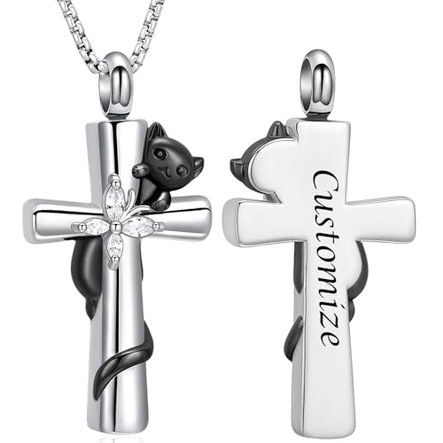 Oinsi Cross Urn Necklace for Ashes for Men Women Cremation Jewelry Cat Memorial Pendant Ashes Keepsake Human Pet Ashes Holder - color: Customized
