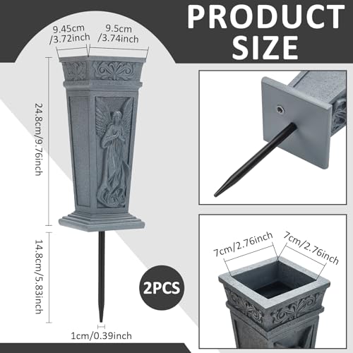 2Pcs Cemetery Flowers Vase, Angel Carving Cemetery Vase Memorial Grave Vases Resin Flowers Holder for Headstone Mausoleums Garden Lawn Yard Outdoor Decorations, Gray