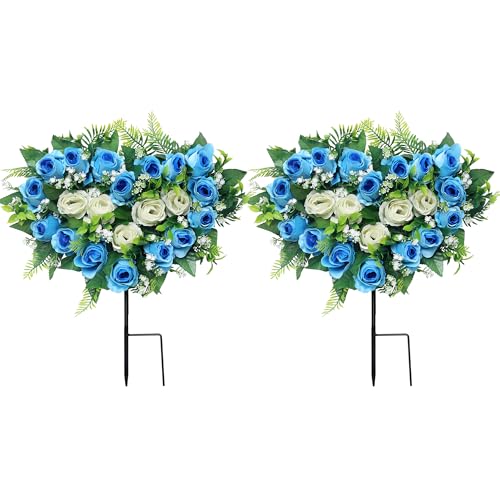 Lodou 2 Sets Artificial Cemetery Flowers, Grave Memorial Flowers with Ground Spike,Heart Shaped Wreaths Rose Flowers for Artificial Rose Decoration for Cemetery Headstones Gravesites (Blue) - color: Blue