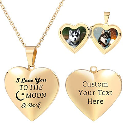 Personalized Heart Locket Necklace for Women with Picture Custom Inside Engraved Text Silver/Gold/Rose Gold Photo Locket Stainless Steel Memorial Gifts for Mom Daughter Grandmother - color: C2: I Love you to the Moon & Back (Gold)