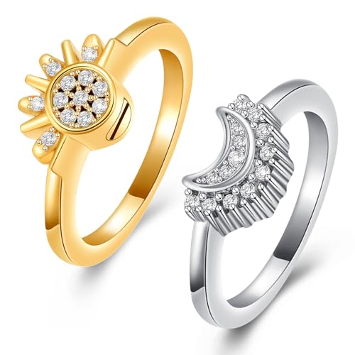 Cremation Jewelry for Ashes Rings - Celestial Sun and Moon Ring Set,Sparkling Sun Ring/Blue Moon Ring/Silver Plating,Friendship Promise Ring,Stackable Celestial Rings,Gift for Women/Girls - color: Gold Silver, size: 5