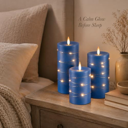 Upinmz Flickering Flameless Candles with Embedded String Lights, Battery Operated Candles with Remote Control and Timer,LED Candles for Home Decoration,Real Wax, 3 Pack Blue - size: Blue-Wax-3 Pack
