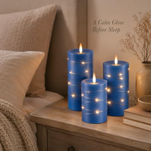 Upinmz Flickering Flameless Candles with Embedded String Lights, Battery Operated Candles with Remote Control and Timer,LED Candles for Home Decoration,Real Wax, 3 Pack Blue - size: Blue-Wax-3 Pack