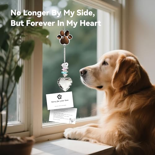 Dog Memorial Gifts, Pet Memorial Suncatcher, Loss of Dog Sympathy Gift | Thoughtful Dogs and Cats Bereavement Remembrance Gifts, Natural Cat's Eye Stone Paw Crystal Suncatcher - color: Coffee