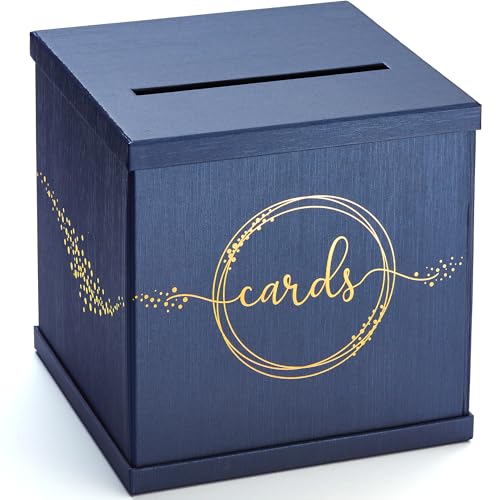 Blue & Gold Card Box, Large 10x10 Navy Gift Card Box for Party, Graduation | Wedding Reception, Bridal & Baby Shower, Sweet 16, Funeral, Birthday, Quinceanera, Retirement, Envelope Holder, Money Basket