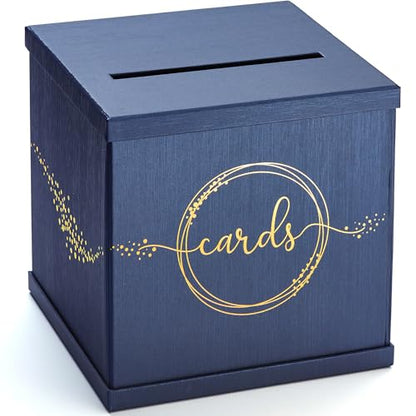 Blue & Gold Card Box, Large 10x10 Navy Gift Card Box for Party, Graduation | Wedding Reception, Bridal & Baby Shower, Sweet 16, Funeral, Birthday, Quinceanera, Retirement, Envelope Holder, Money Basket