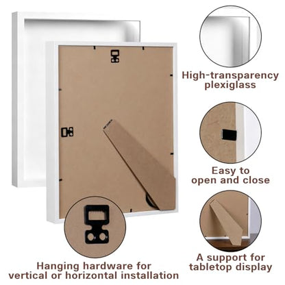 11x14 Shadow Box - Deep Picture Frame with Shatter-Resistant Panel for Wall Decor | 3D Display Case for Military Medals,Flowers,Photos and Crafts | Easy to Open & Ready to Hang Gift (White)