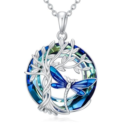 TOUPOP Butterfly Necklace for Women 925 Sterling Silver Tree of Life Butterflies Dragonfly Hummingbird Pendant Necklaces Crystal Jewelry Anniversary Christmas Birthday Gift for Her - color: Dragonfly Blue