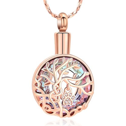 Imrsanl Tree of Life Urn Necklace for Ashes Paw Print Circle of Life Cremation Jewelry Keepsake Pendant Memorial Pet Ashes Holder for Women Men - color: Rose Gold-Purple