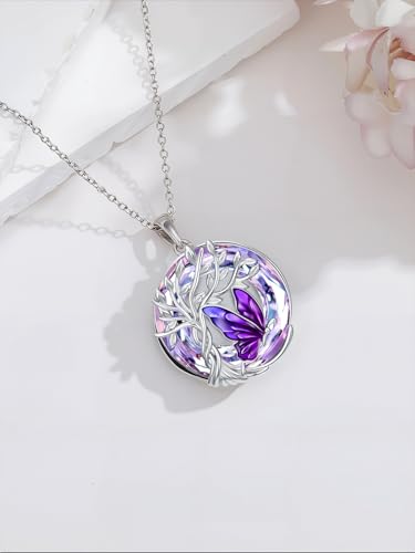 TOUPOP Butterfly Necklace for Women 925 Sterling Silver Tree of Life Butterflies Dragonfly Hummingbird Pendant Necklaces Crystal Jewelry Anniversary Christmas Birthday Gift for Her - color: Butterfly Purple