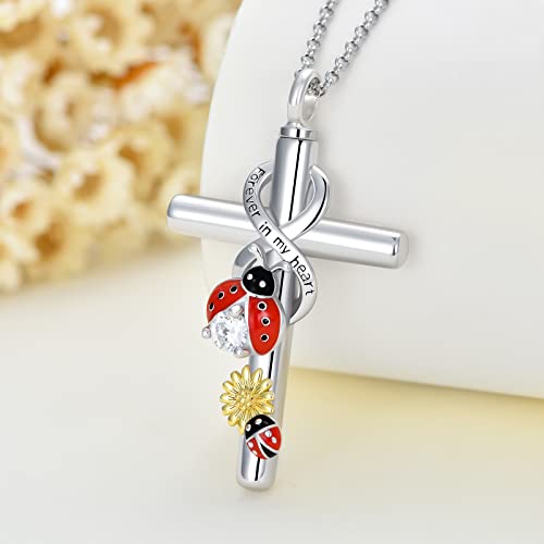 Cross Urn Necklace for Ashes 925 Sterling Silver Cremation Jewelry with Funnel Filler Kit Ashes Necklace for Human Women Girl Pets - color: G_Ladybug Urn Necklace, style: Non-personalized