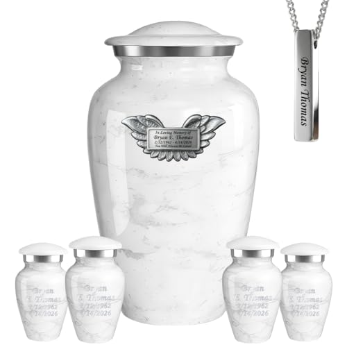 Set of 6 Custom Engraved Plaque Cremation Urns for Human Ashes Includes 1 Large Urn with 4 Small Keepsakes & 1 Silver Necklace - White Marble - color: White Marble - Plaque