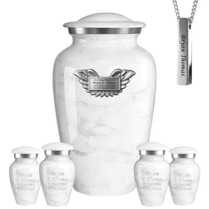 Set of 6 Custom Engraved Plaque Cremation Urns for Human Ashes Includes 1 Large Urn with 4 Small Keepsakes & 1 Silver Necklace - White Marble - color: White Marble - Plaque