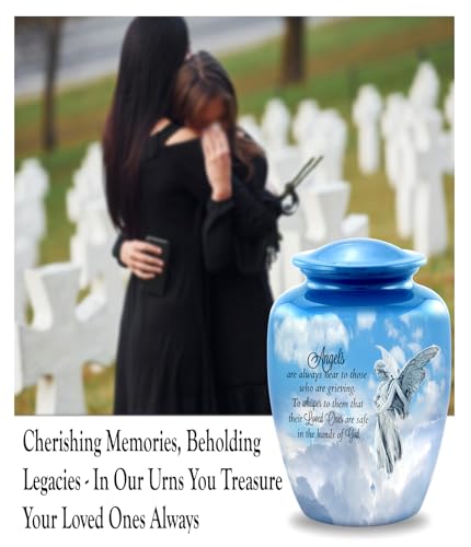 Guardian Angel Cremation Urn – Elegant Blue Adult Urn for Human Ashes – Heavenly Angel Funeral Urn for Men and Women – Large Memorial Urn Holds Up to 210 lbs with Velvet Bag (Large)