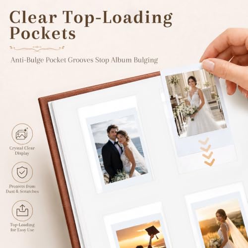 Ruibytree 128 Pockets Instant Mini Photo Album for 2x3 Pictures, Brown | Writing Space, Premium Vegan Leather, Flat-Fit Clear Pocket, Wedding Guest Book for Polaroid 2x3 Photos, Graduation Keepsakes - color: 128 Pocket Brown