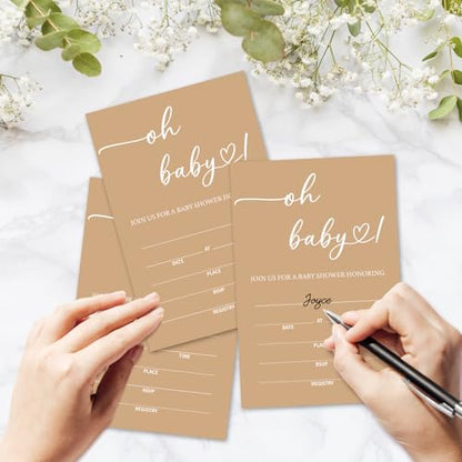 Oh Baby! Brown Baby Shower Invitations for Boys Girls, Minimalism Invite Cards for Baby Announcement, 25 Set of Fill-in Invites with Envelopes, Gender Reveal Party Supplies -B13 - color: Brown-Oh Baby