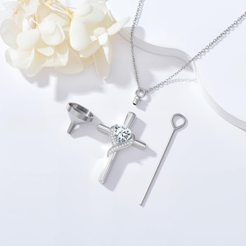 TOUPOP Cross Urn Necklaces for Ashes Birthstone Cremation Jewelry 925 Sterling Silver Cross Memorial Keepsake Funeral Jewelry for Women (with Funnel Filler) - color: 04-April-Synthetic Diamond