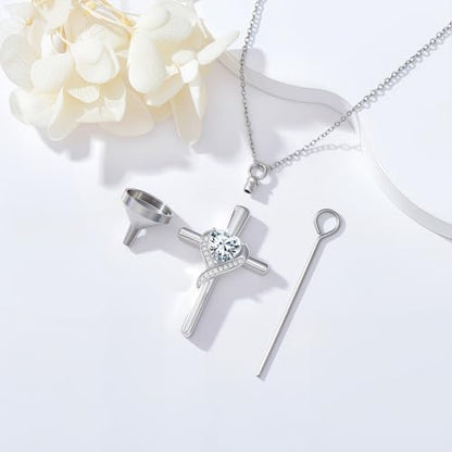 TOUPOP Cross Urn Necklaces for Ashes Birthstone Cremation Jewelry 925 Sterling Silver Cross Memorial Keepsake Funeral Jewelry for Women (with Funnel Filler) - color: 04-April-Synthetic Diamond