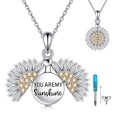 Heart/Cross/Infinity Moonstone Urn Necklace for ashes for Women Sterling Silver Dainty Cremation Jewelry Trendy Ashes Keepsake Memorial Gift for Mother/Grandma/Sister/Husband - style: Sunflower