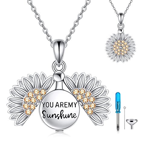 Heart/Cross/Infinity Moonstone Urn Necklace for ashes for Women Sterling Silver Dainty Cremation Jewelry Trendy Ashes Keepsake Memorial Gift for Mother/Grandma/Sister/Husband - style: Sunflower