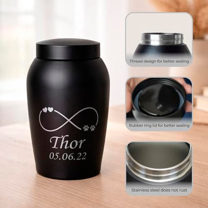 Personalized Cremation Keepsake Pet Ashes Urn Waterproof with Airtight Closure Customized Text Engraving Vase Container Memorial Dog Cat Funeral Decorative (Infinity Symbol w/Paws & Hearts)