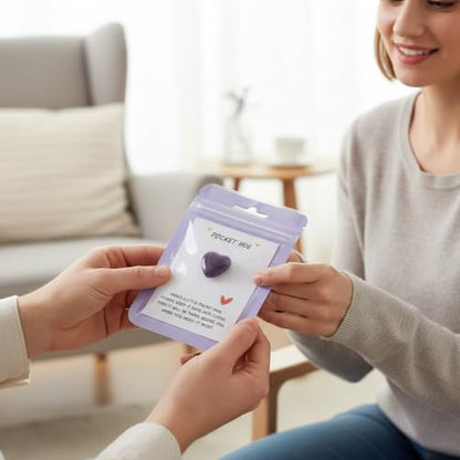28 Sets Bulk Pocket Hug Amethyst Heart Worry Stone Keepsake Exchange Relationship Cards for Colleagues Family Distance Social Celebration of Life Gift - color: Amethyst