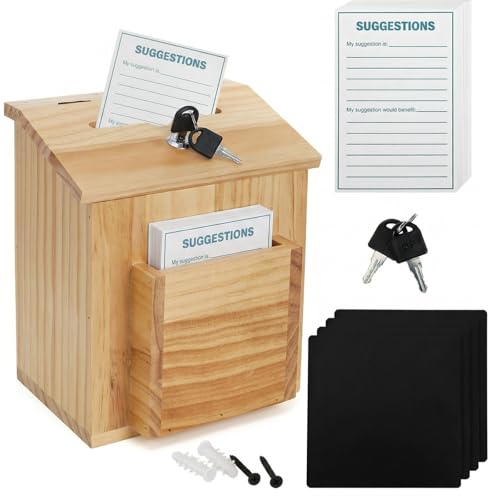Wooden Suggestion Box with 50 Free Suggestion Cards, Natural Pinewood Ballot Comment Box Donation Box with Locking Hinged Lid for Countertop or Wall Mounted, 8.6" x 6.8" x 10"