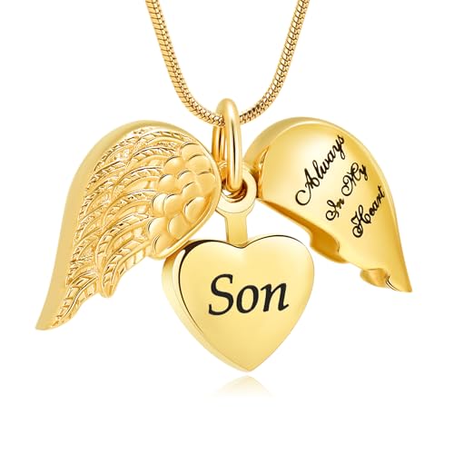 Love Heart Cremation Jewelry Urn Necklaces Urn Necklaces for Ashes Memorial Keepsake for Heart of Angel Wing Pendant for Women Men Gifts With Funnel Kit & Bag - color: Son