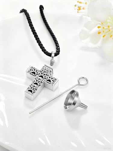 Dreamboat Pet Urn Necklace for Dog Cat Ashes 925 Sterling Silver Paw Print Cremation Keepsake Pendant Celtic Knot Memorial Jewelry Gifts for Women Men - style: 02A-Cross (Silver)