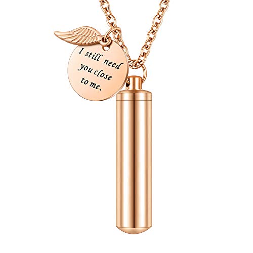 abooxiu Cylinder Urn Necklace for Ashes Cremation Jewelry/Keychain for human Pet Stainless Steel Memorial Keepsake Pendant with Angel Wing Charm Ashes - color: Rose Gold-l
