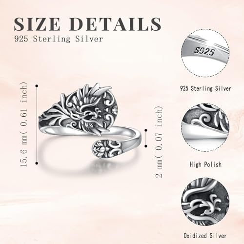 Rising Phoenix Spoon Ring Adjustable 925 Sterling Silver Rise from the Ashes Lotus Jewelry Gifts for Women