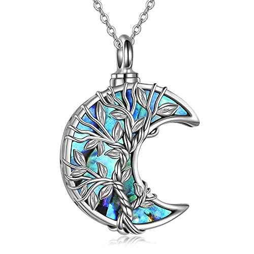 ONEFINITY Urn Necklace for Ashes 925 Sterling Silver Tree of Life Cremation Jewelry for Ashes Abalone Shell Opal Memory Jewelry for Women Men - style: unique crescent tree urn