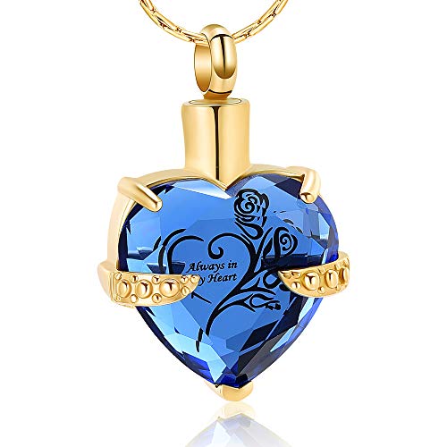 constantlife Crystal Heart Shape Cremation Jewelry Memorial Urn Necklace for Ashes, Stainless Steel Ash Holder Pendant Keepsake with Gift Box Charms Accessories for Women - color: Gold+Dark Blue
