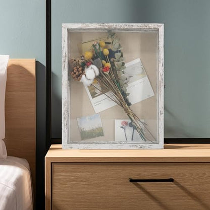 GraduatePro Shadow Box Frame 13X16 Display Case with Linen Back, Real Glass Window Door with Hinge, Picture Frame Wedding Bouquet Memorabilia Medals Photos Memory Box for Keepsakes Rustic White | Hinged Front Open Door with Tempered Glass, Linen Back with
