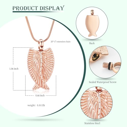 Angel Wings Cremation Jewelry Necklaces Stainless Steel Urn Necklaces for Ashes Memorial Keepsake Pendant for Women Men Gifts With Funnel Kit & Bag - color: RoseGold