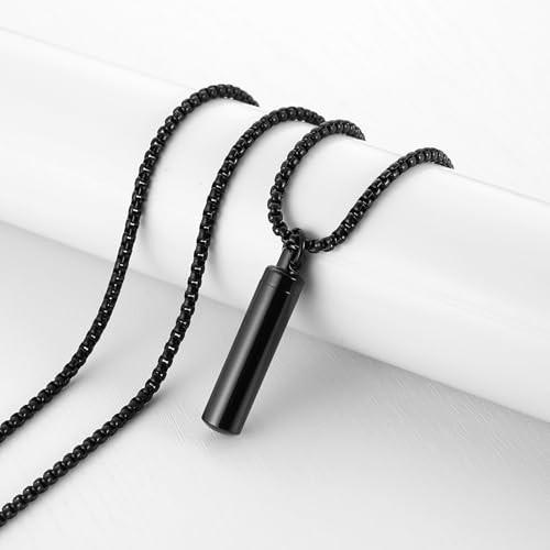 HZMAN Urn Necklace for Ashes High Polished Stainless Steel Gold Cremation Memorial Cylinder Pendant Necklace Jewelry Gift - color: Black