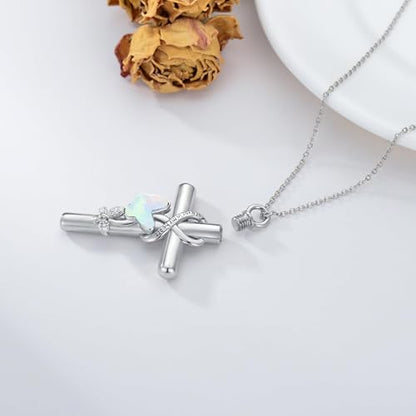 Cross Urn Necklace for Ashes 925 Sterling Silver Cremation Jewelry with Funnel Filler Kit Ashes Necklace for Human Women Girl Pets - color: A_Opal Butterfly Urn Necklace, style: Personalized