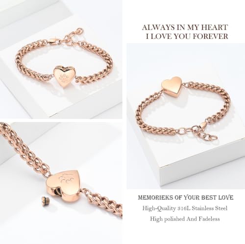 zeqingjw Pet Cremation Urn Bracelet for Ashes for Women Dog Cat Paw Urn Bangle Heart Cremation Jewelry Keepsake Memorial Urn Jewelry - color: Rose Gold