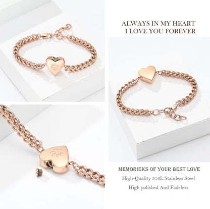 zeqingjw Pet Cremation Urn Bracelet for Ashes for Women Dog Cat Paw Urn Bangle Heart Cremation Jewelry Keepsake Memorial Urn Jewelry - color: Rose Gold