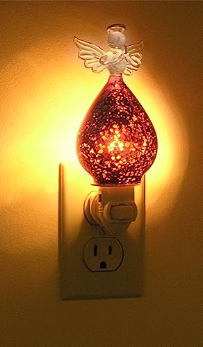 Angel Night Light – Praying Angel with Red Mercury Glass Dress, Gold Halo & Wings Accent, Plug-in Religious Nightlight for Bedroom, Nursery, Memorial Gift, Christmas Décor – 6.25 Inch