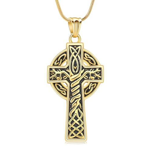 Cross Urn Necklace for Ashes for Men Celtic Knot Cremation Jewelry Keepsake Necklace Tree fo Life Memorial Pendant for Ashe Holder - color: Gold