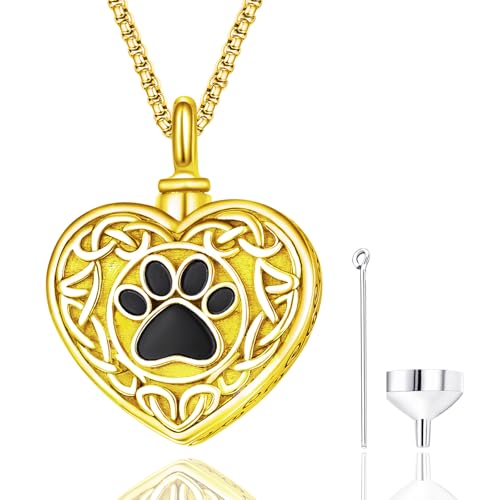 Pet Cremation Urn Necklace for Dog Cat Ashes 925 Sterling Silver Paw Print Keepsake Pendant Celtic Knot Memorial Jewelry for Women Men - style: 00F-Heart Urn-(Gold Plated)